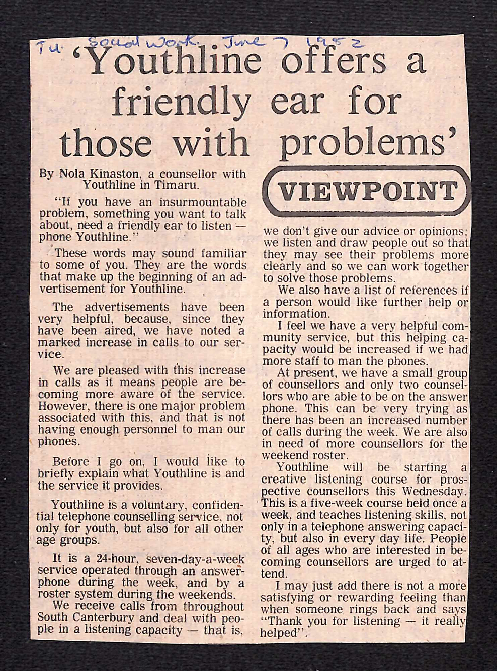  'Youthline offers a friendly ear for those with problems'