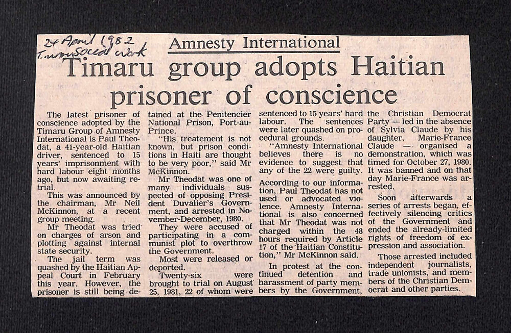 Amnesty International: Timaru group adopts Haitian prisoner of conscience