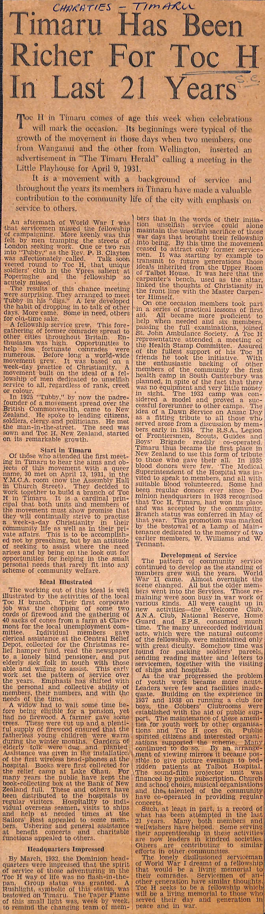 Timaru Has Been Richer For Toc H In Last 21 Years