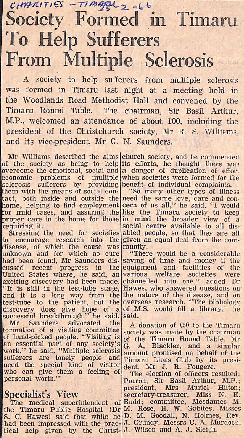 Society Formed in Timaru To Help Sufferers From Multiple Sclerosis