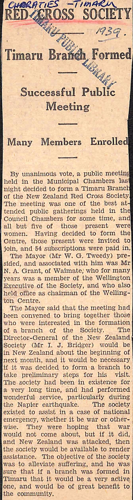 Red Cross Society, Timaru Branch Formed, Successful Public Meeting