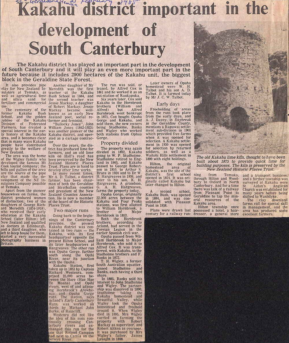 Kakahu district important in the development of South Canterbury 