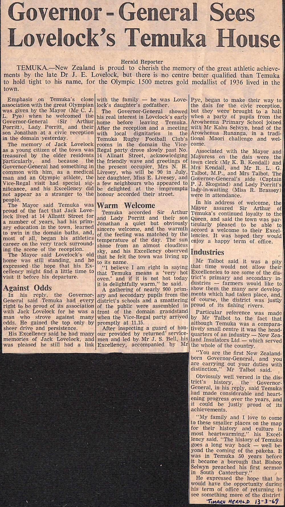 Governor-General Sees Lovelock's Temuka House