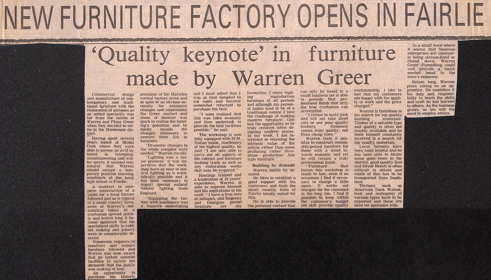 New furniture factory opens in Fairlie: 'Quality keynote' in furniture made by Warren Greer