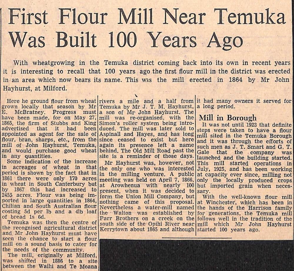 First Flour Mill Near Temuka Was Built 100 Years Ago