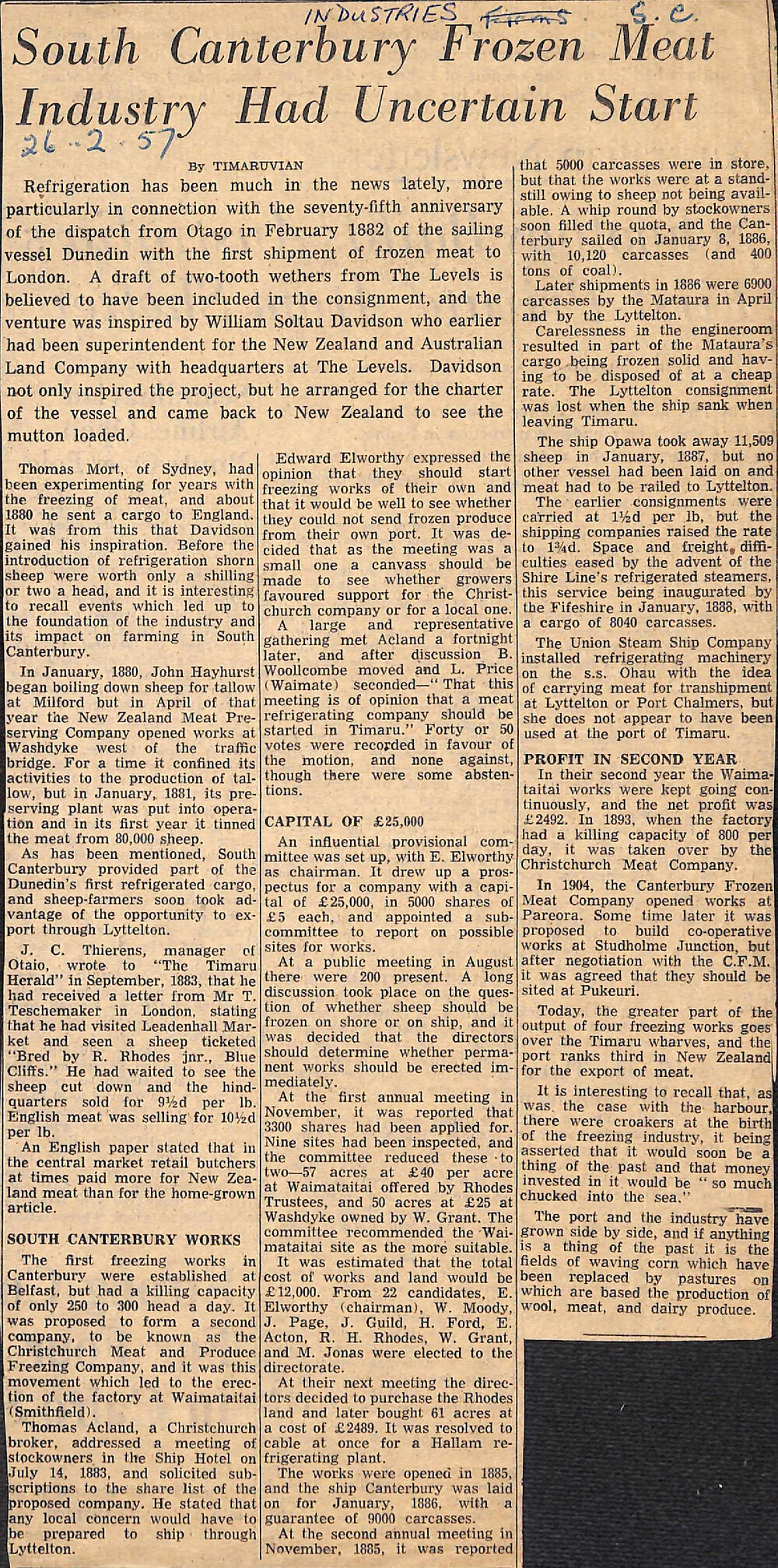 South Canterbury Frozen Meat Industry Had Uncertain Start