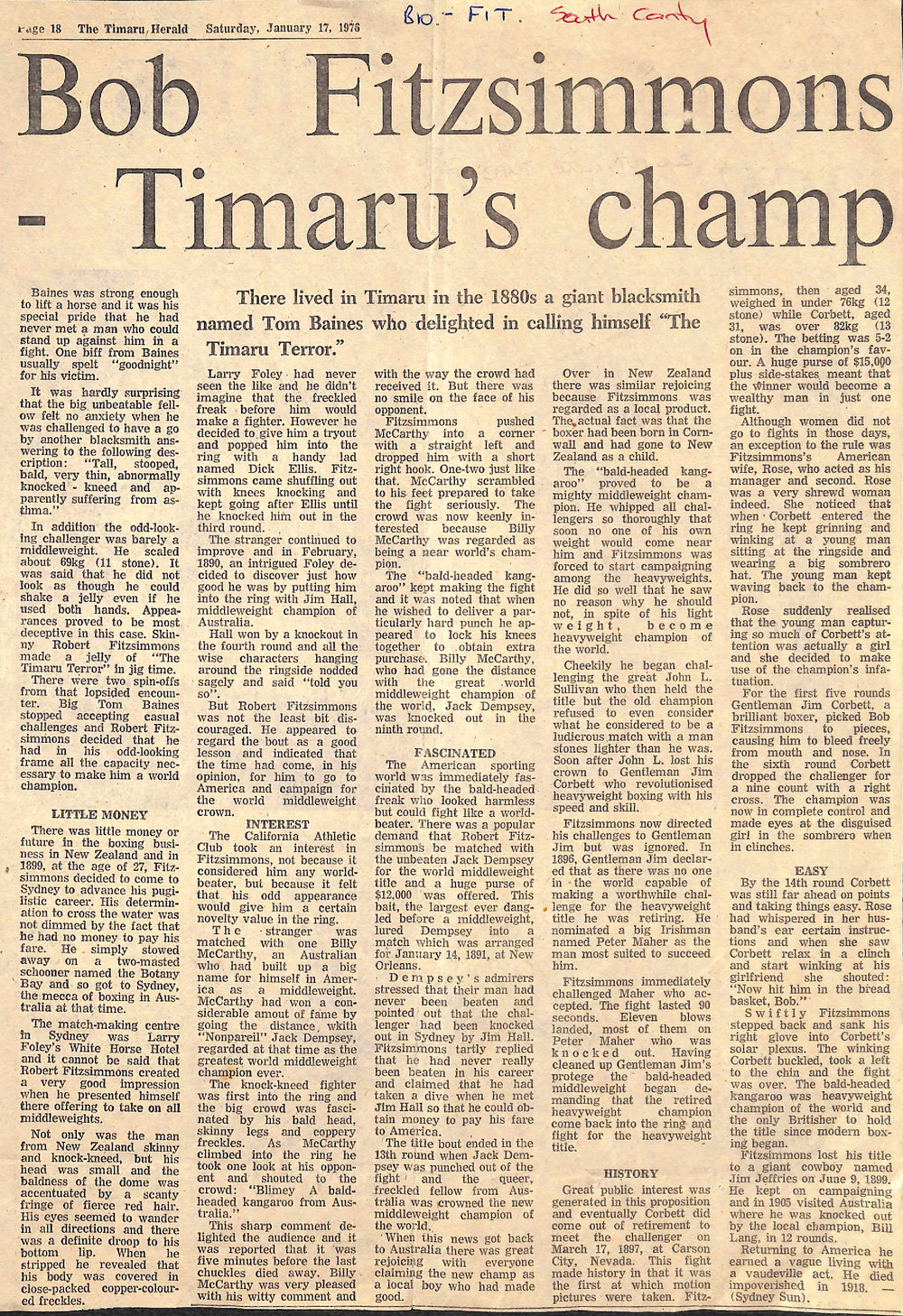 Bob Fitzsimmons - Timaru's champ