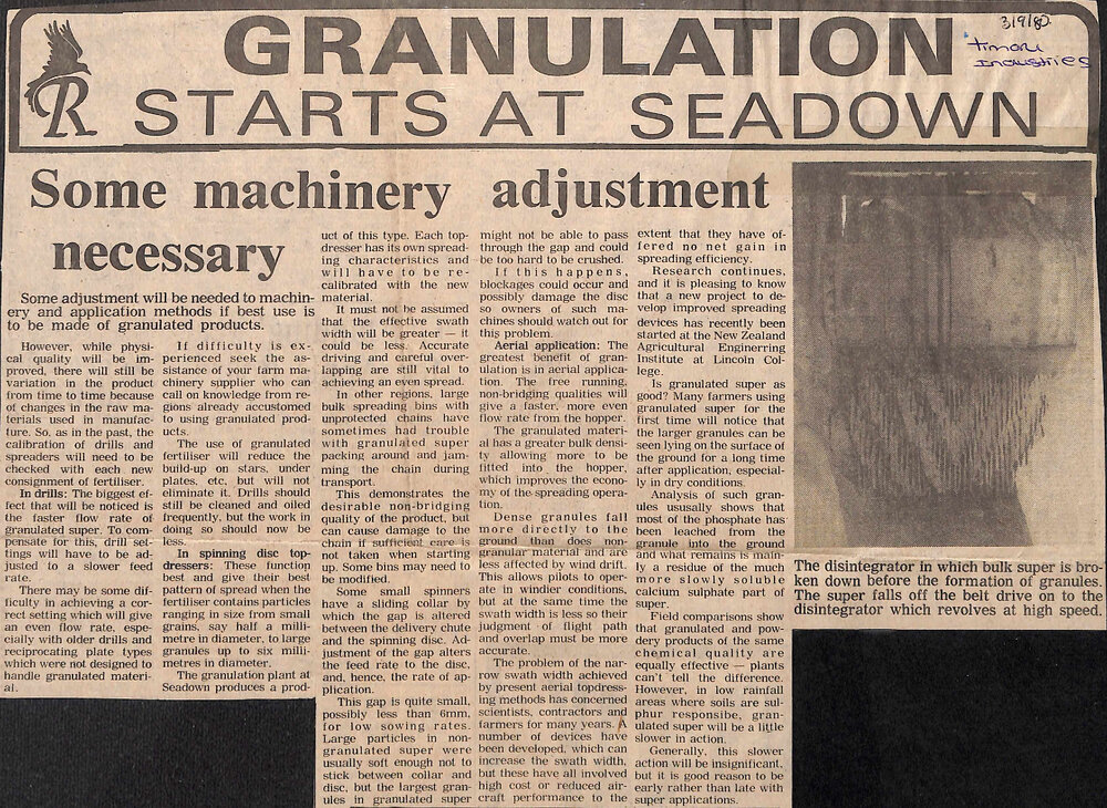 Granulation starts at Seadown: Some machinery adjustment necessary / Company staff