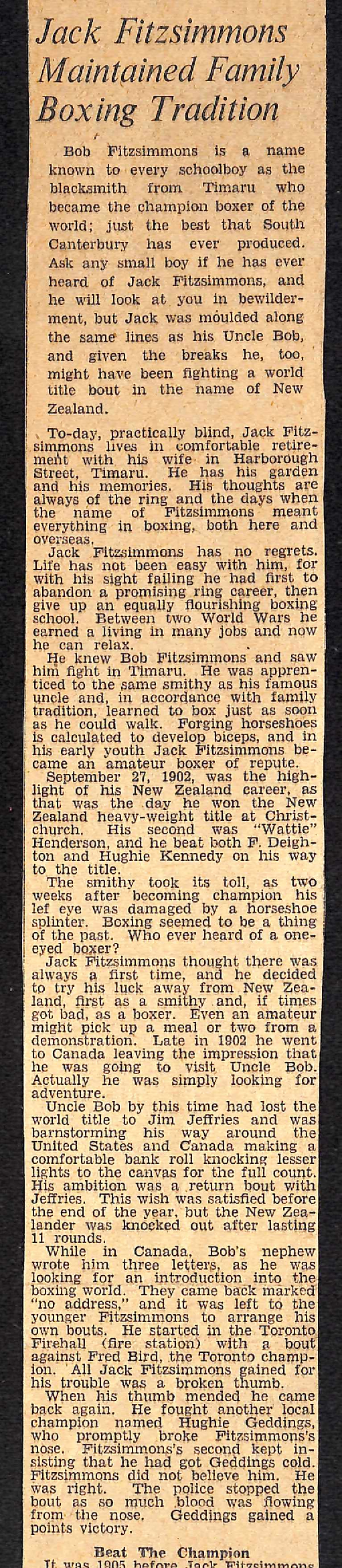 Jack Fitzsimmons Maintained Family Boxing Tradition