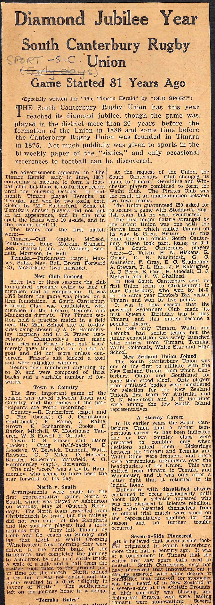 Diamond Jubilee Year, South Canterbury Rugby Union