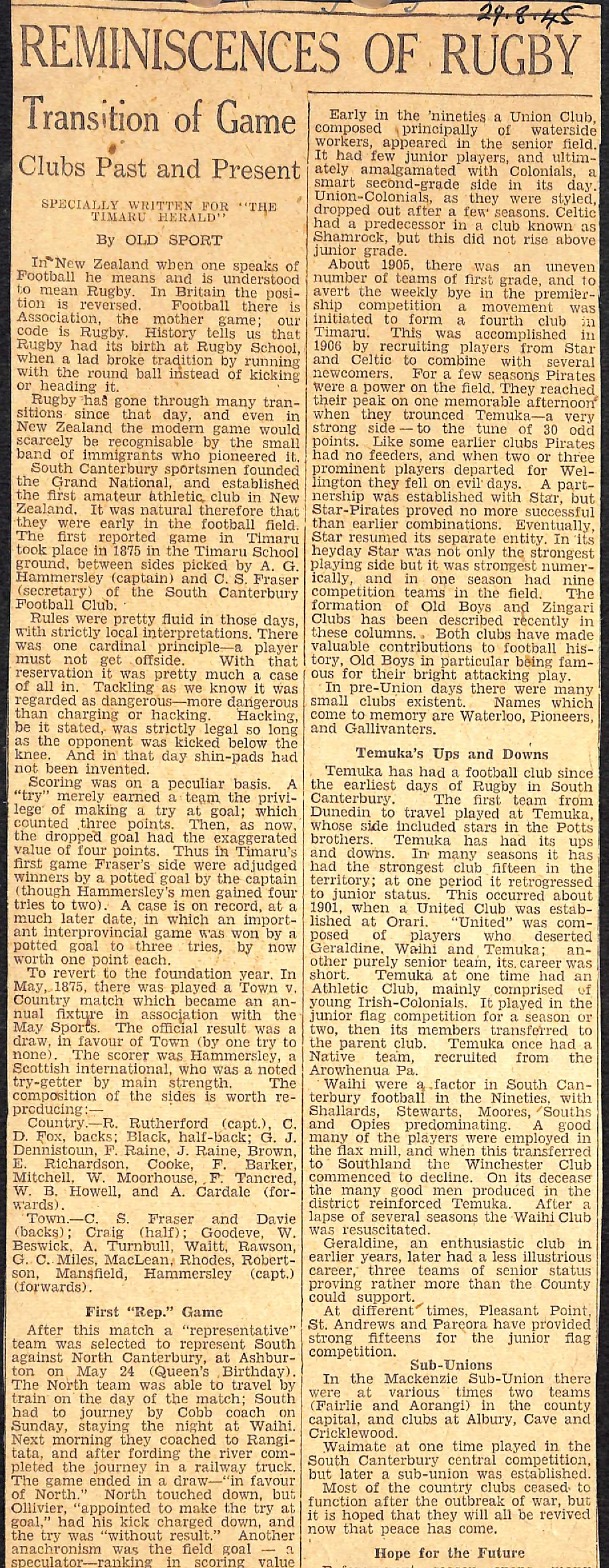 Reminiscences of Rugby: Transition of Game, Clubs Past and Present