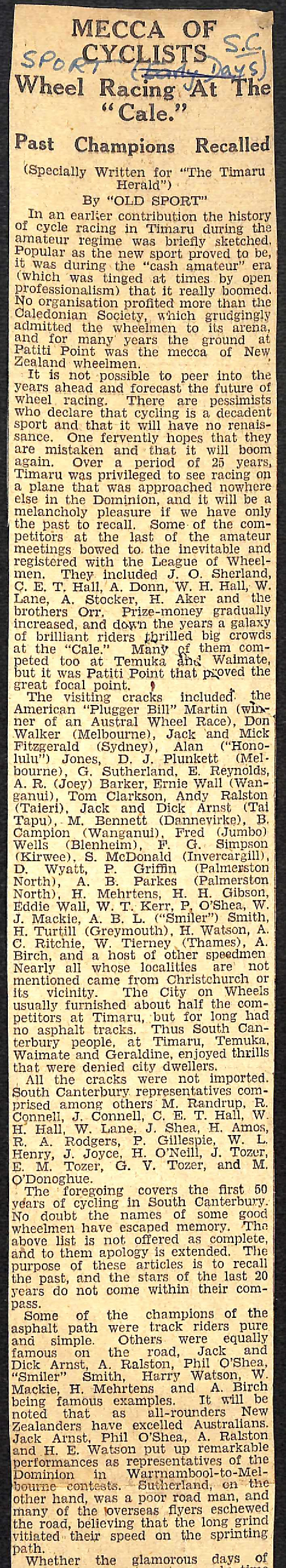 Mecca of Cyclists: Wheel Racing At The 'Cale', Past Champions Recalled