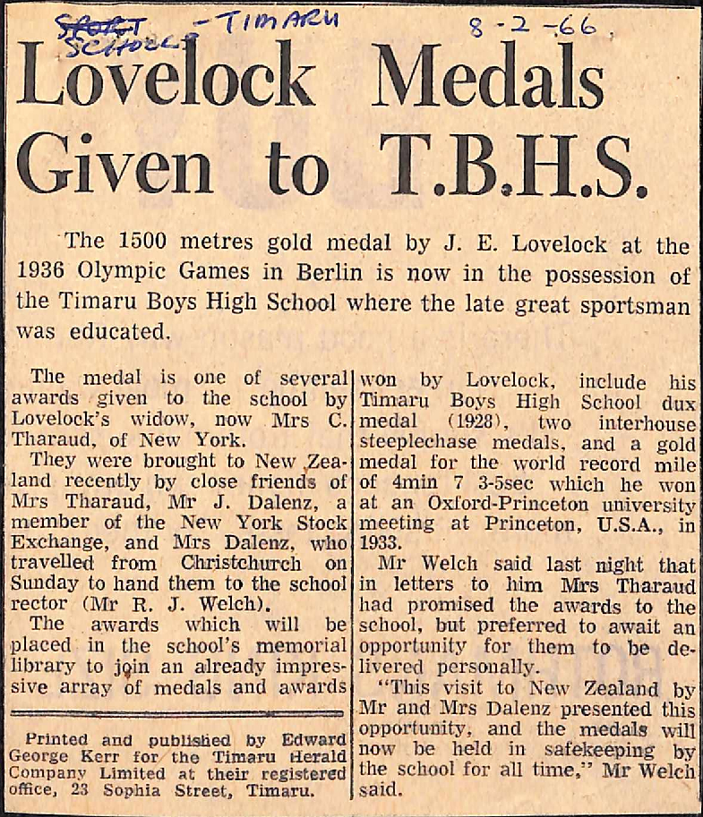 Lovelock Medals Given to TBHS