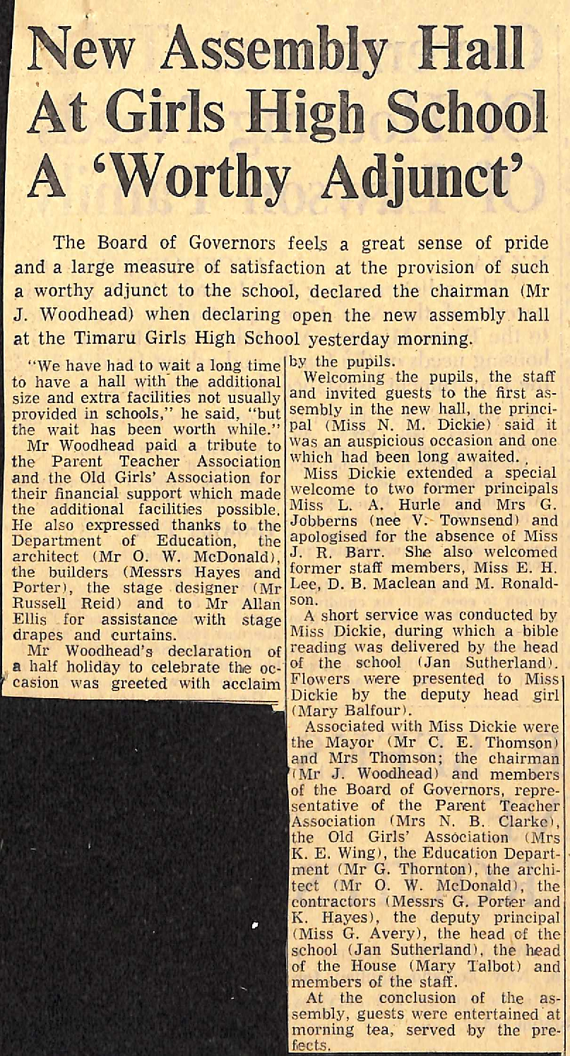 New Assembly Hall At Girls High School A 'Worthy Adjunct'