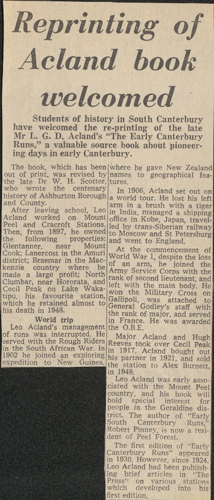 Reprinting of Acland book welcomed