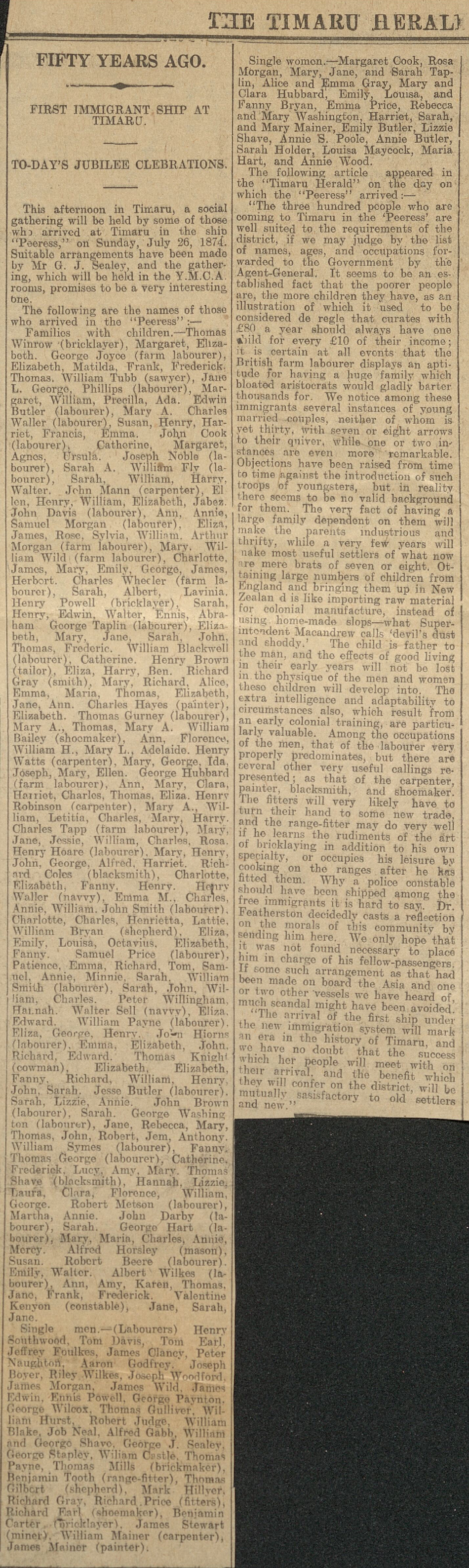 Fifty years ago: First Immigrant Ship at Timaru, To-day's Jubilee Celebrations