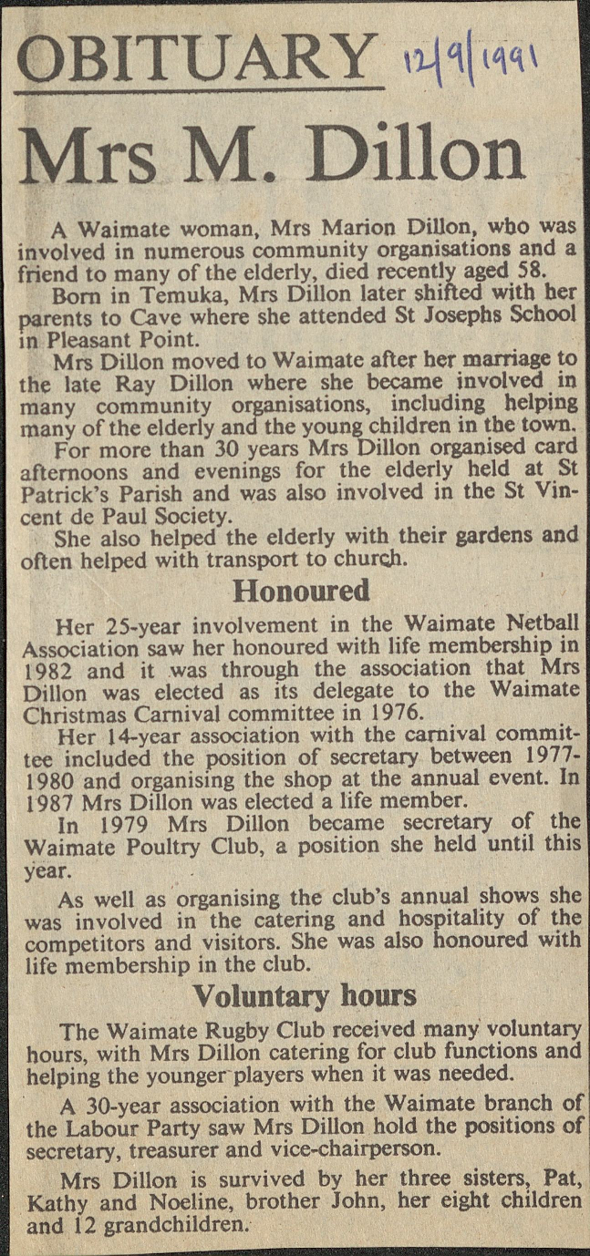 Obituary: Mrs M Dillion