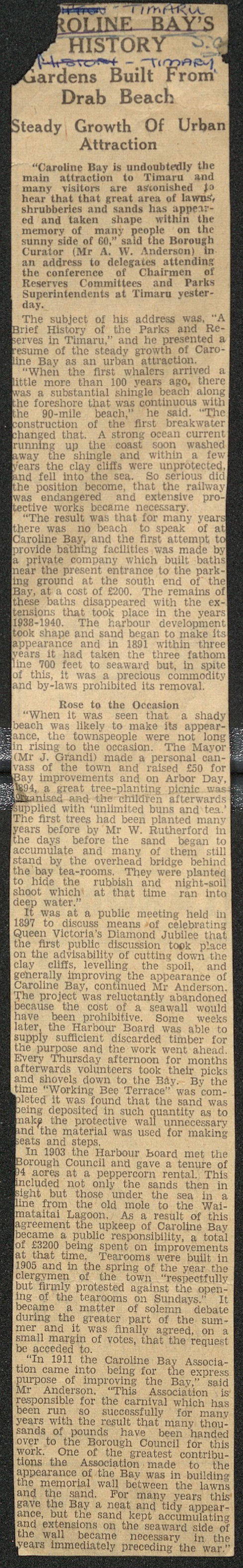 Caroline Bay's History: Gardens Built from Drab Beach, Steady Growth of Urban Attraction