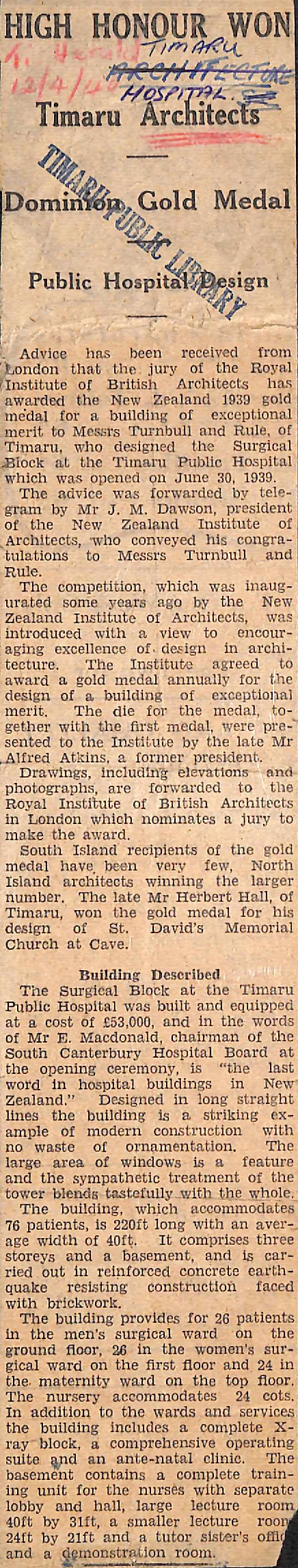 High Honour Won Timaru Architects: Dominion Gold Medal Public Hospital Design