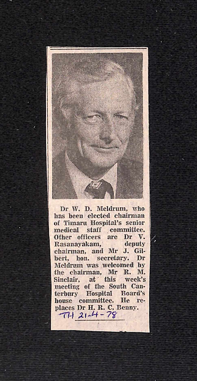 Dr W D Meldrum, who has been elected chariman of Timaru Hospital's senior medical staff committee
