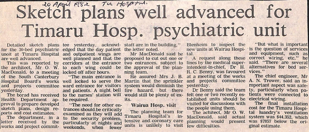 Sketch plans well advanced for Timaru Hosp psychiatric unit