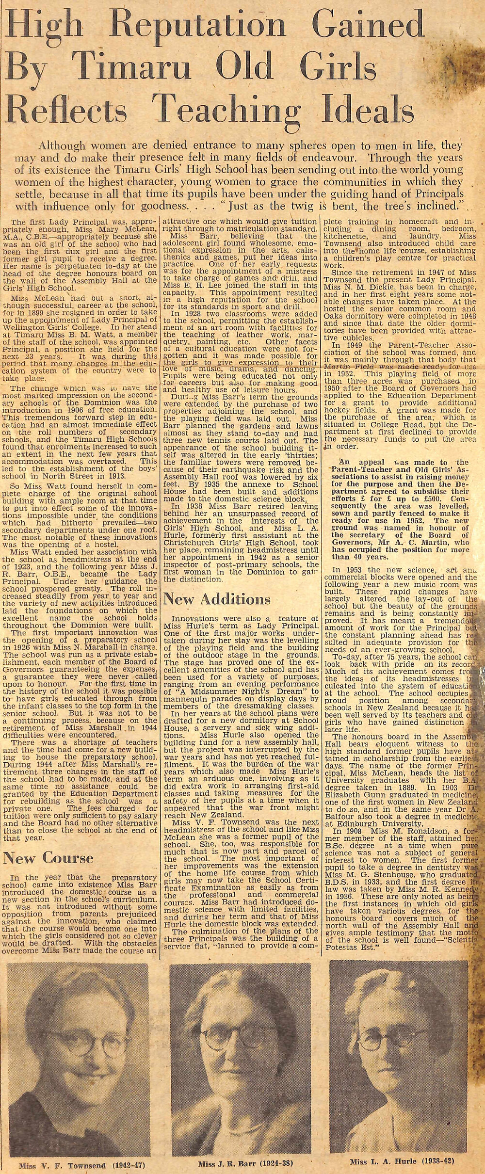 High Reputation Gained By Timaru Old Girls Reflects Teaching Ideals