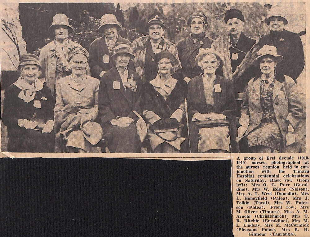 A group of first decade (1910-1919) nurses, photographed at the nurses reunion, held in conjunction with the Timaru Hospital centennial celebrations