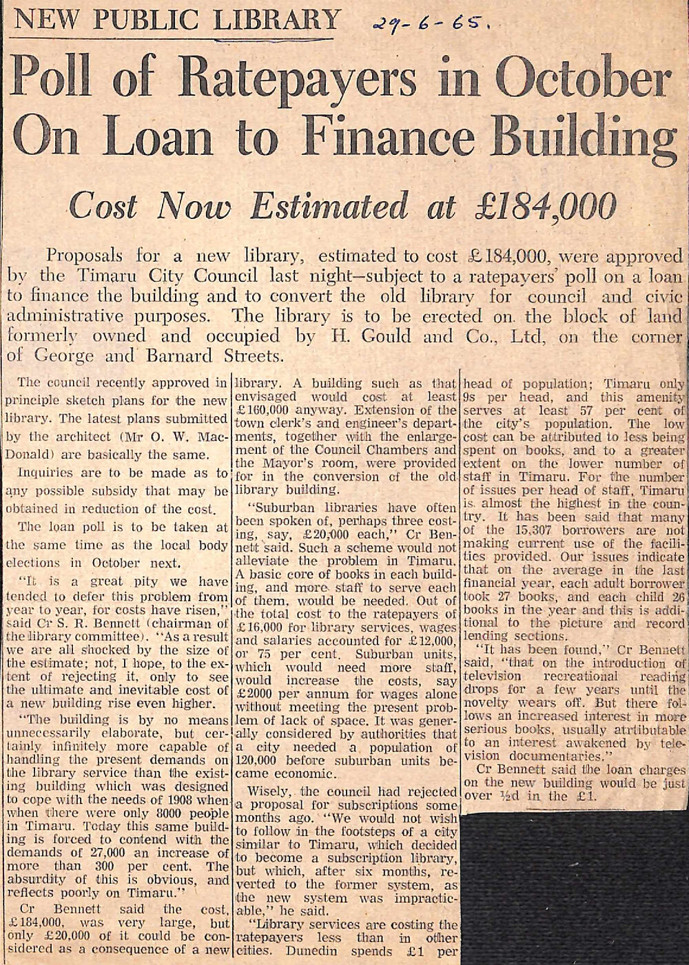 New Public Library: Poll of Ratepayers in October On Loan to Finance Building, Cost Now estimated at &pound;184,000