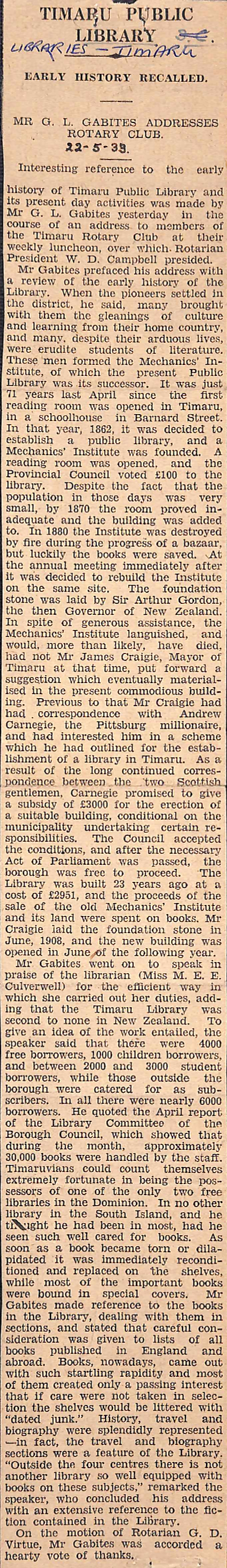 Timaru Public Library: Early History Recalled, Mr G L Gabites Addresses Rotary Club