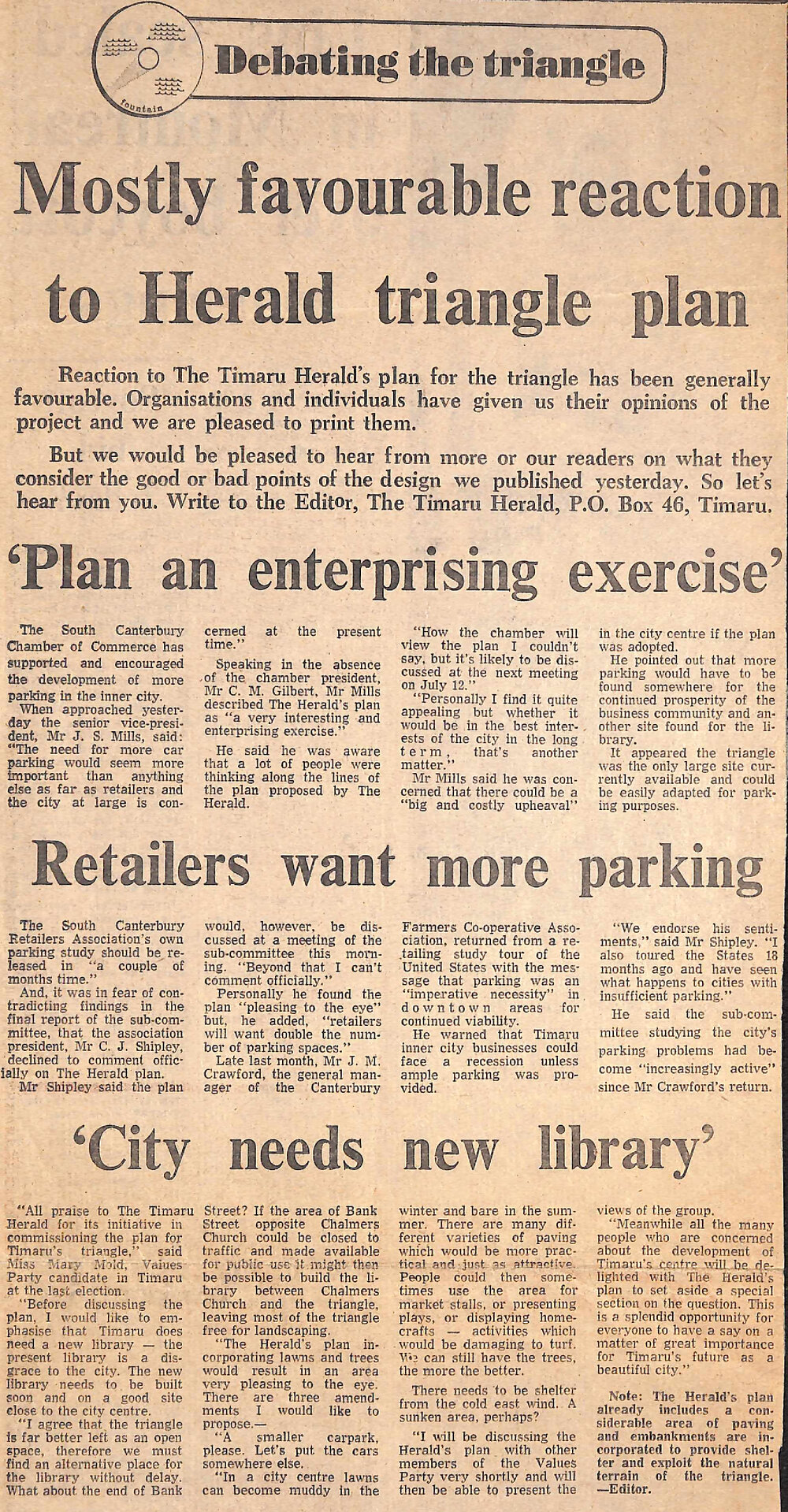 Debating the triangle: Mostly favourable reaction to Herald triangle plan / 'Plan an enterprising exercise' /Retailers want more parking / 'City needs new library' / 'Tremendous asset for the future' / Seating and trees in plan