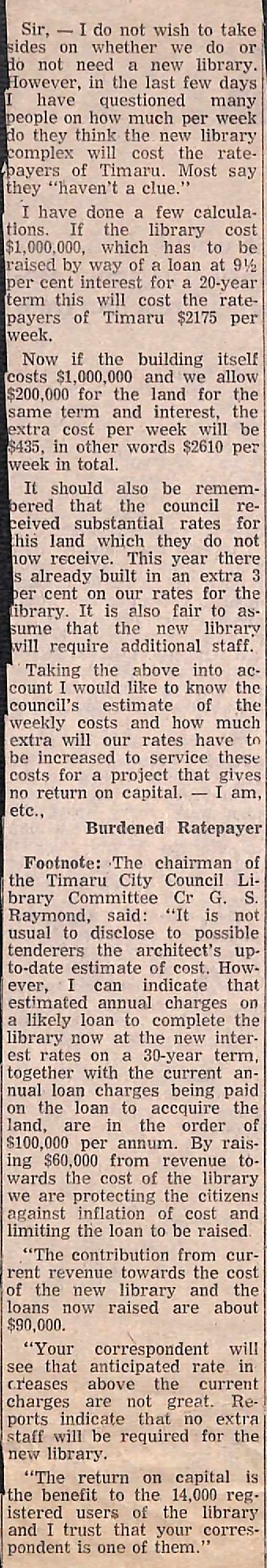 Letter to the editor: Library cost