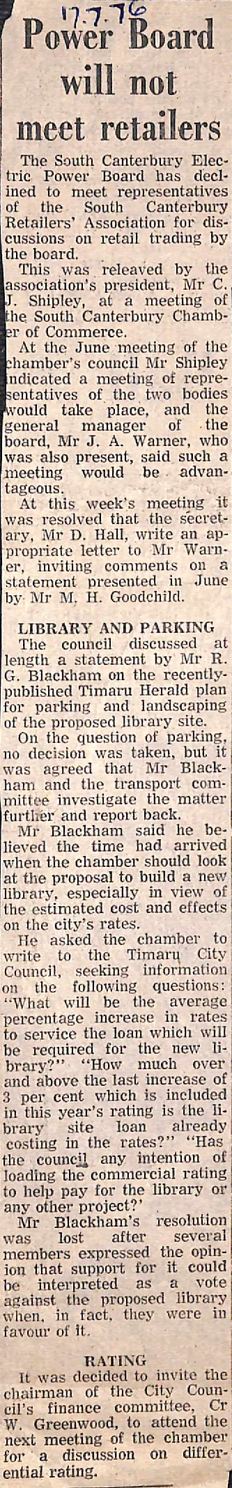 Power Board will not meet retailers / Library and Parking