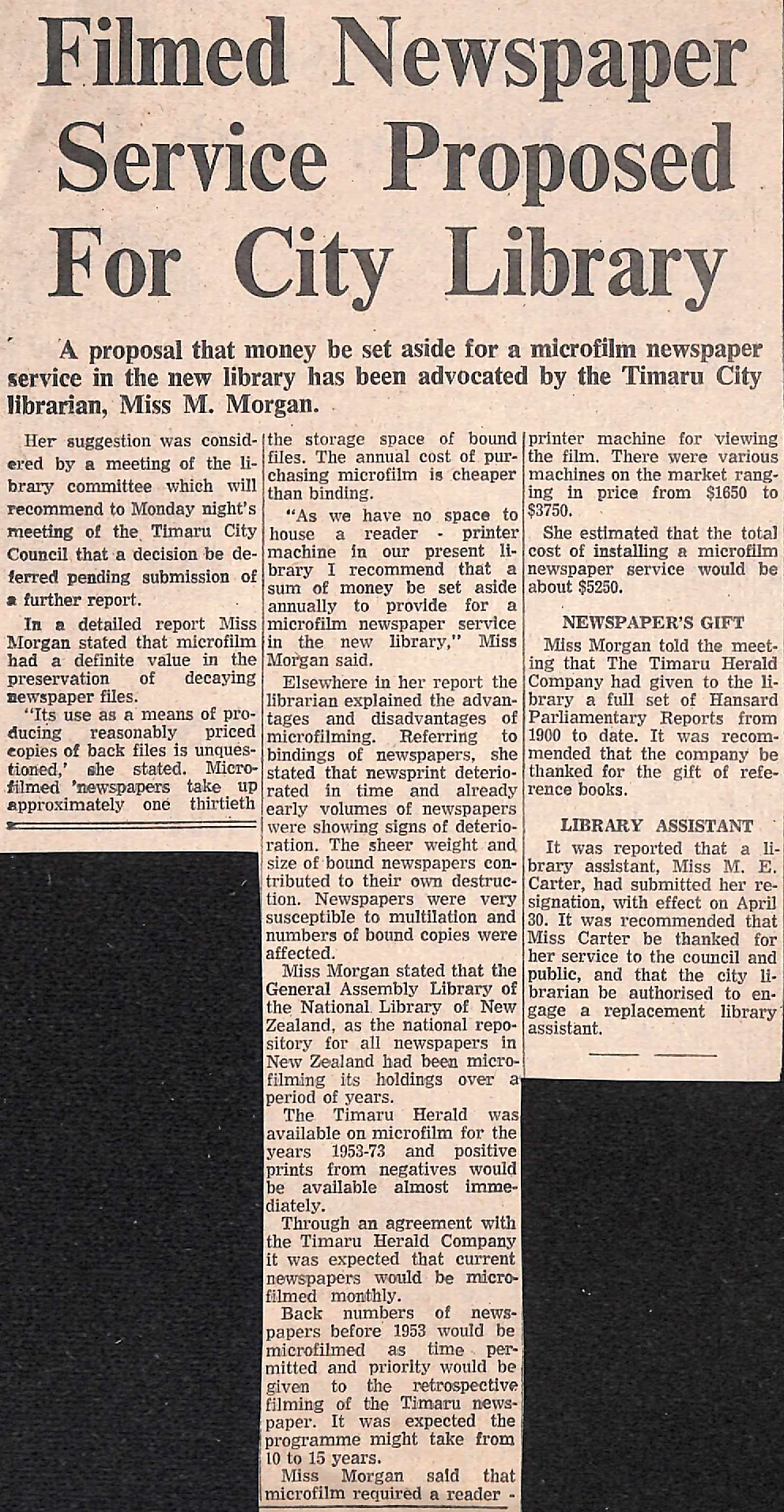 Filmed Newspaper Service proposed For City Library