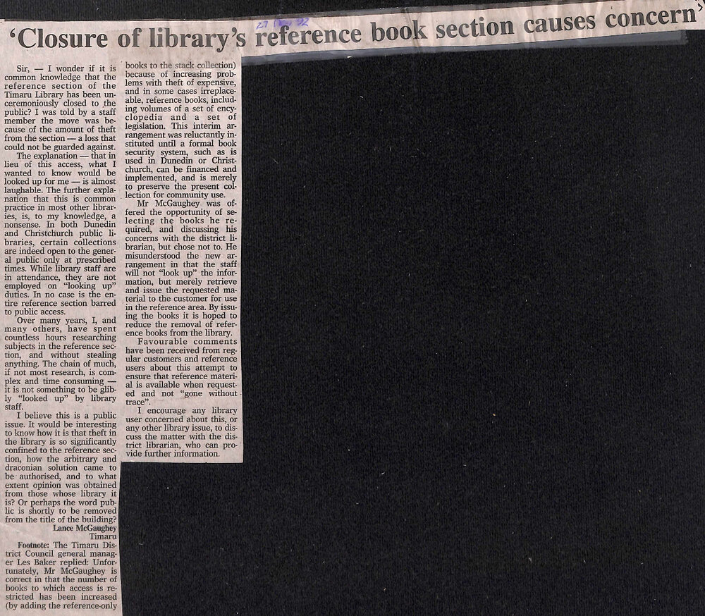 Letter to the editor: 'Closure of library's reference book section causes concern'