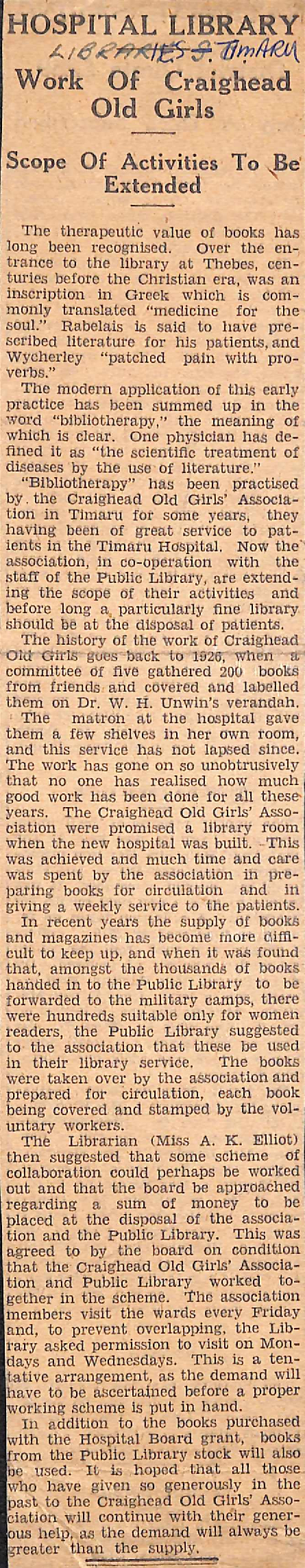 Hospital Library: Work Of Craighead Old Girls, Scope of Activities To Be Extended