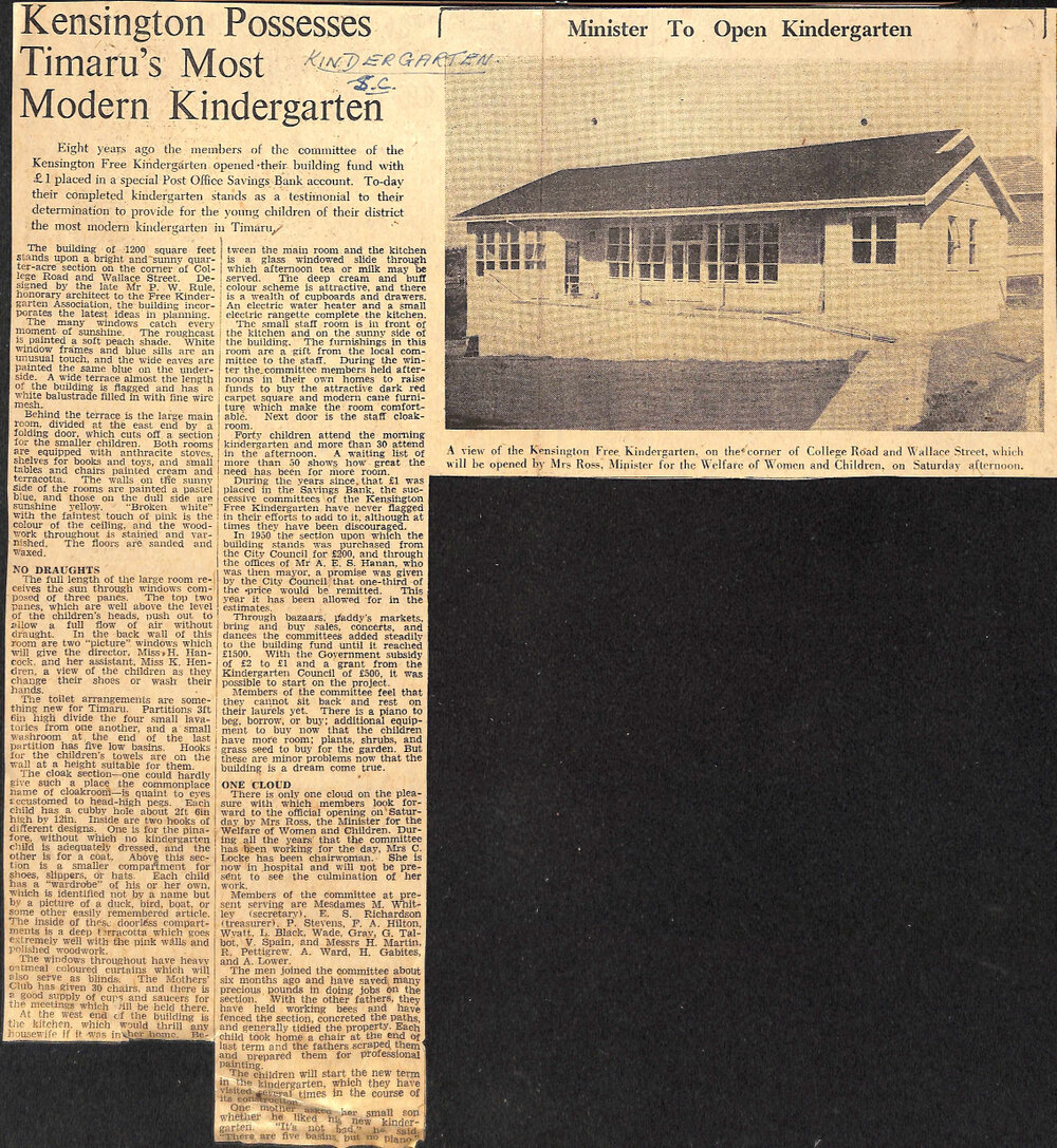 Kensington Possesses Timaru's Most Modern Kindergarten, Minister to Open Kindergarten