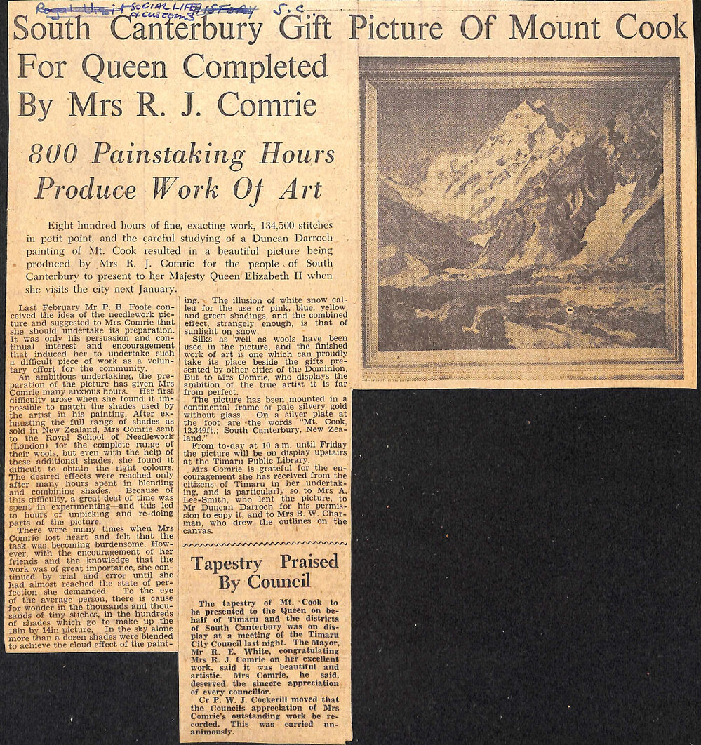 South Canterbury Gift Picture Of Mount Cook For Queen Completed By Mrs R J Comrie