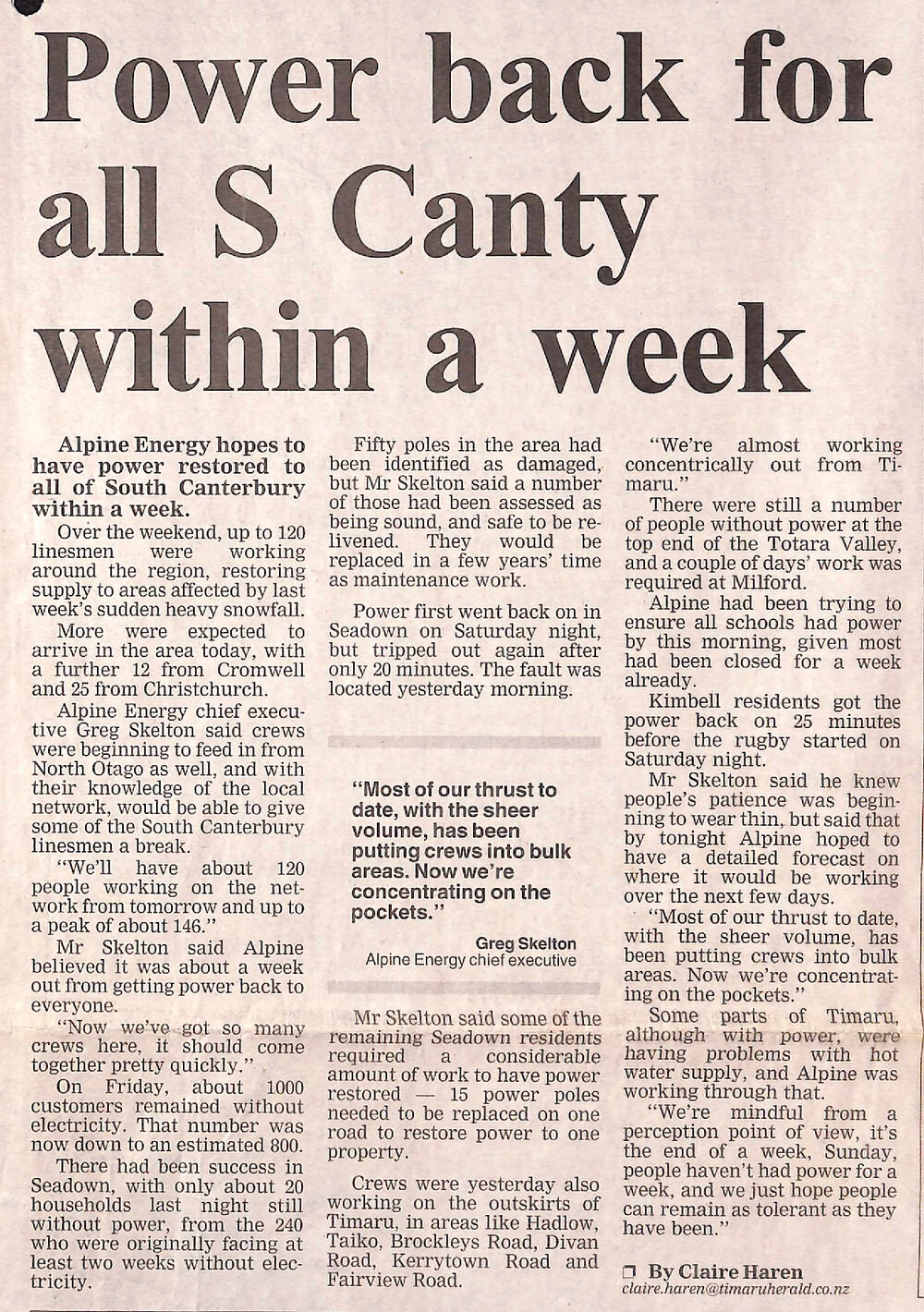 Power back for all S Canty within a week