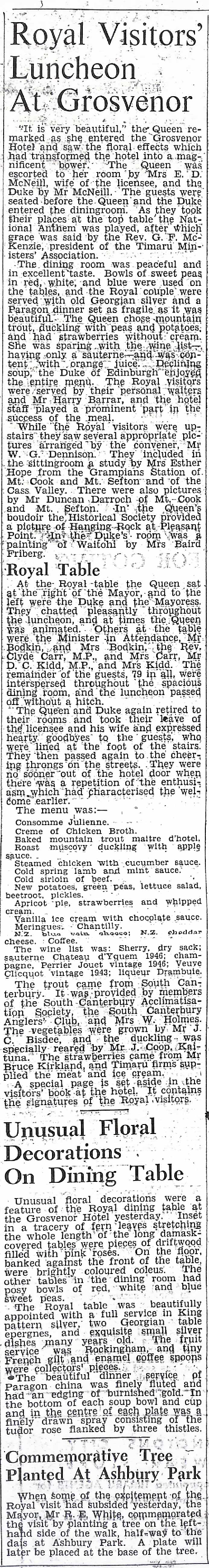 Royal Visitors' Luncheon At Grosvenor / Unusual Floral Decorations On Dining Table / Commemorative Tree Planted At Ashbury Park