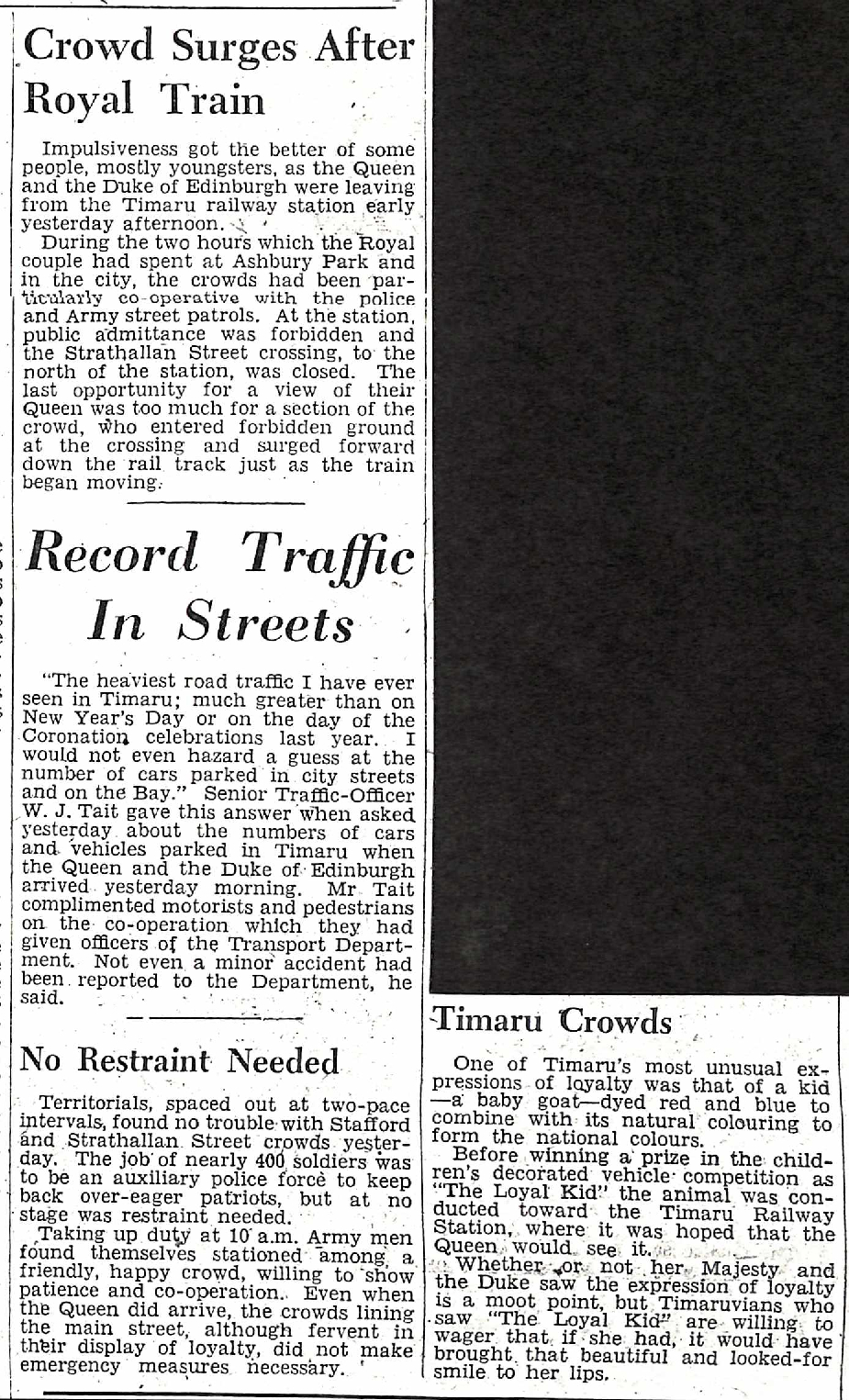 Crowd Surges After Royal Train / Record Traffic In Streets / No Restraint Needed / Timaru Crowds