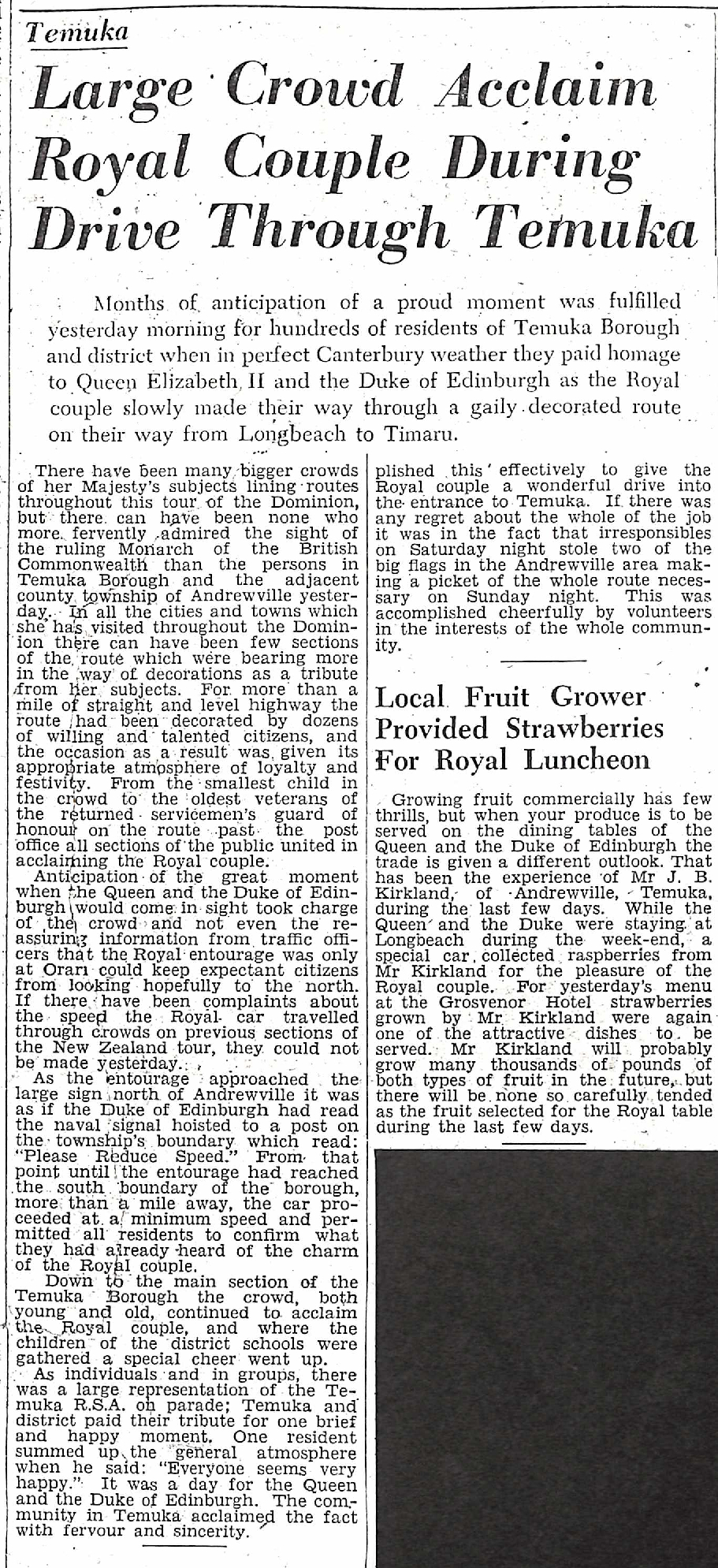 Temuka: Large Crowd Acclaim Royal Couple During Drive Through Temuka / Local Fruitgrower Provided Strawberries For Royal Luncheon