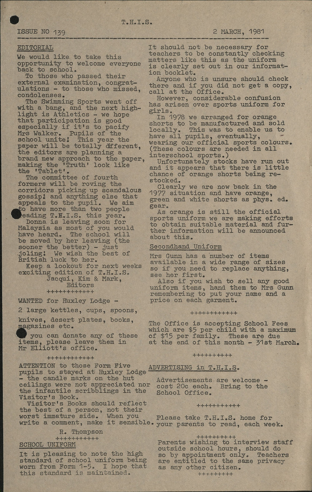 1981 Twizel High Information Sheets
