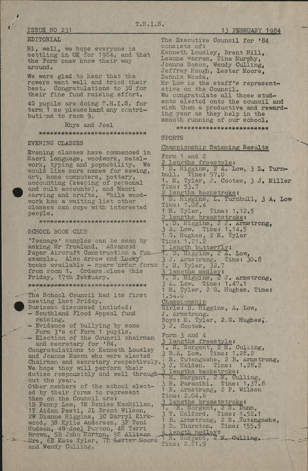 1984 Twizel High Information Sheets 