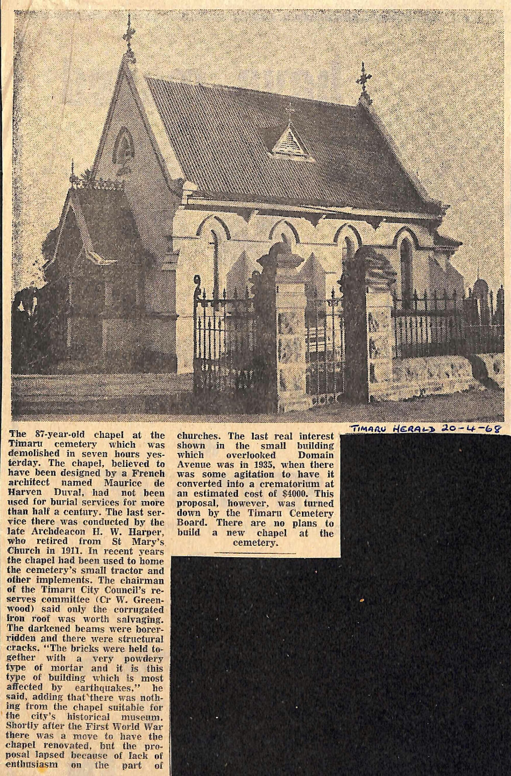 Timaru Cemetery Chapel Demolished