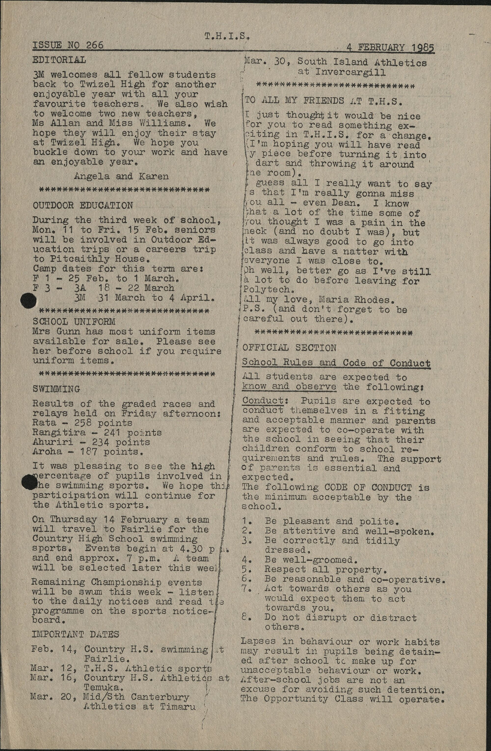 1985 Twizel High Information Sheets