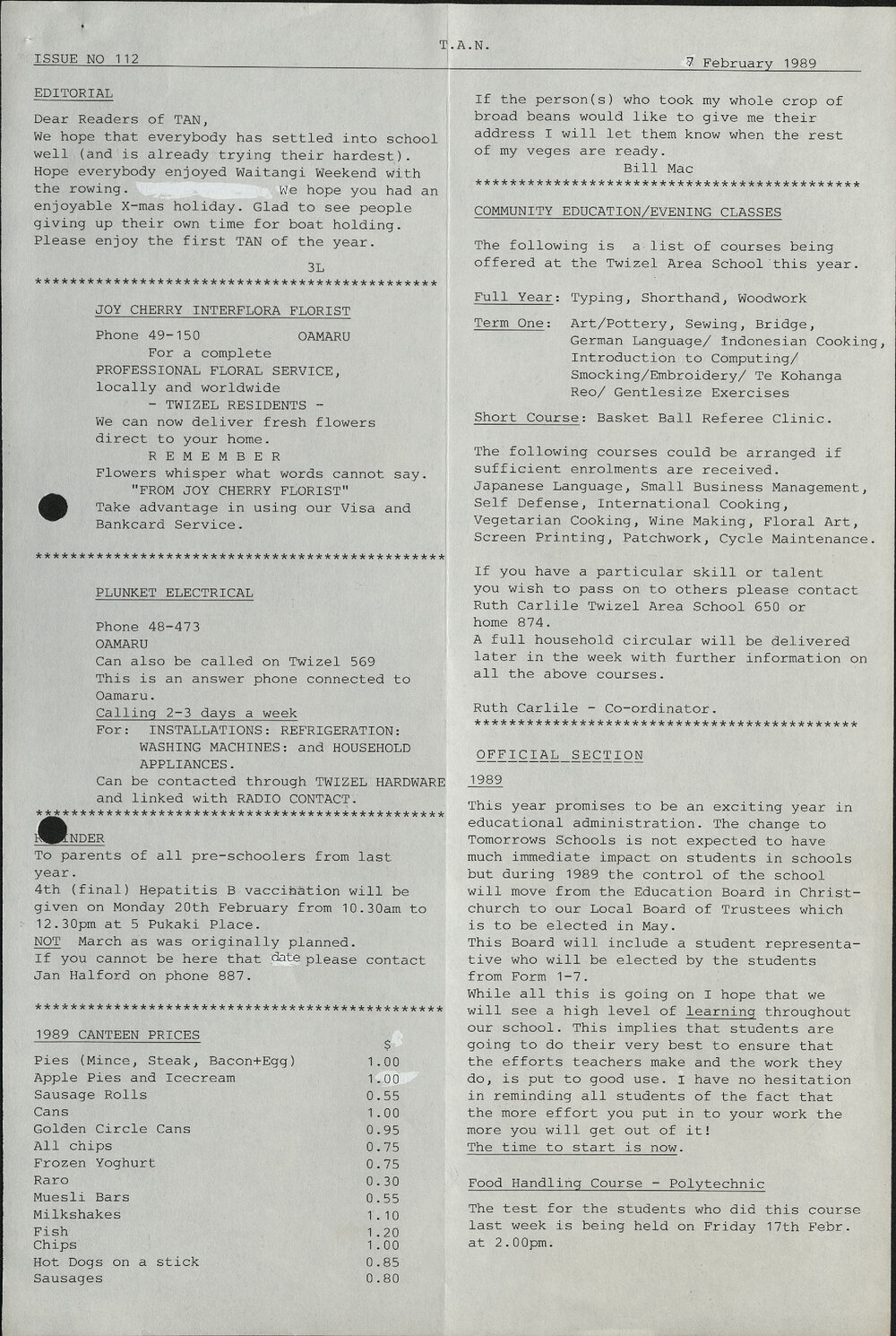 1989 Twizel Area News