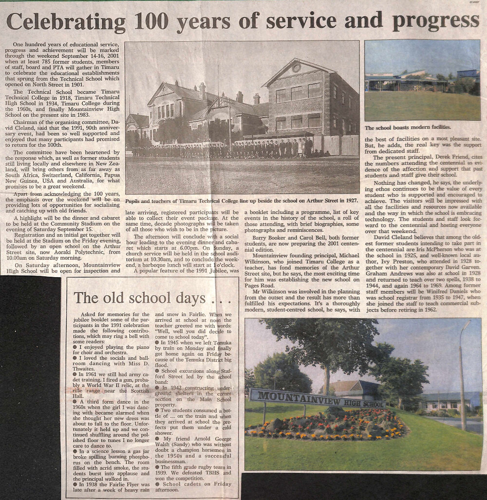 Timaru College/Mountainview High School Jubilee: Celebrating 100 years of service and progress