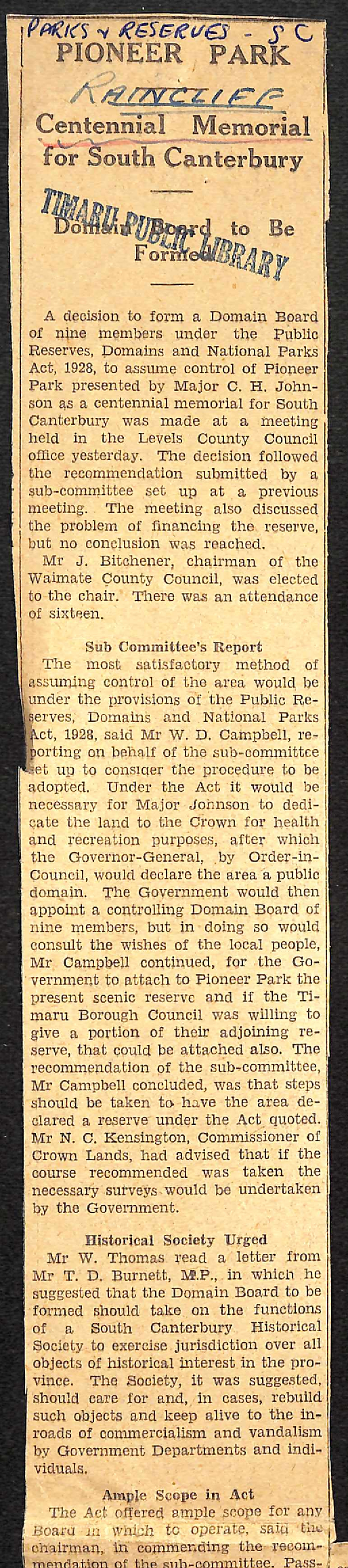 Pioneer Park: Centennial Memorial for South Canterbury, Domain Board to Be Formed