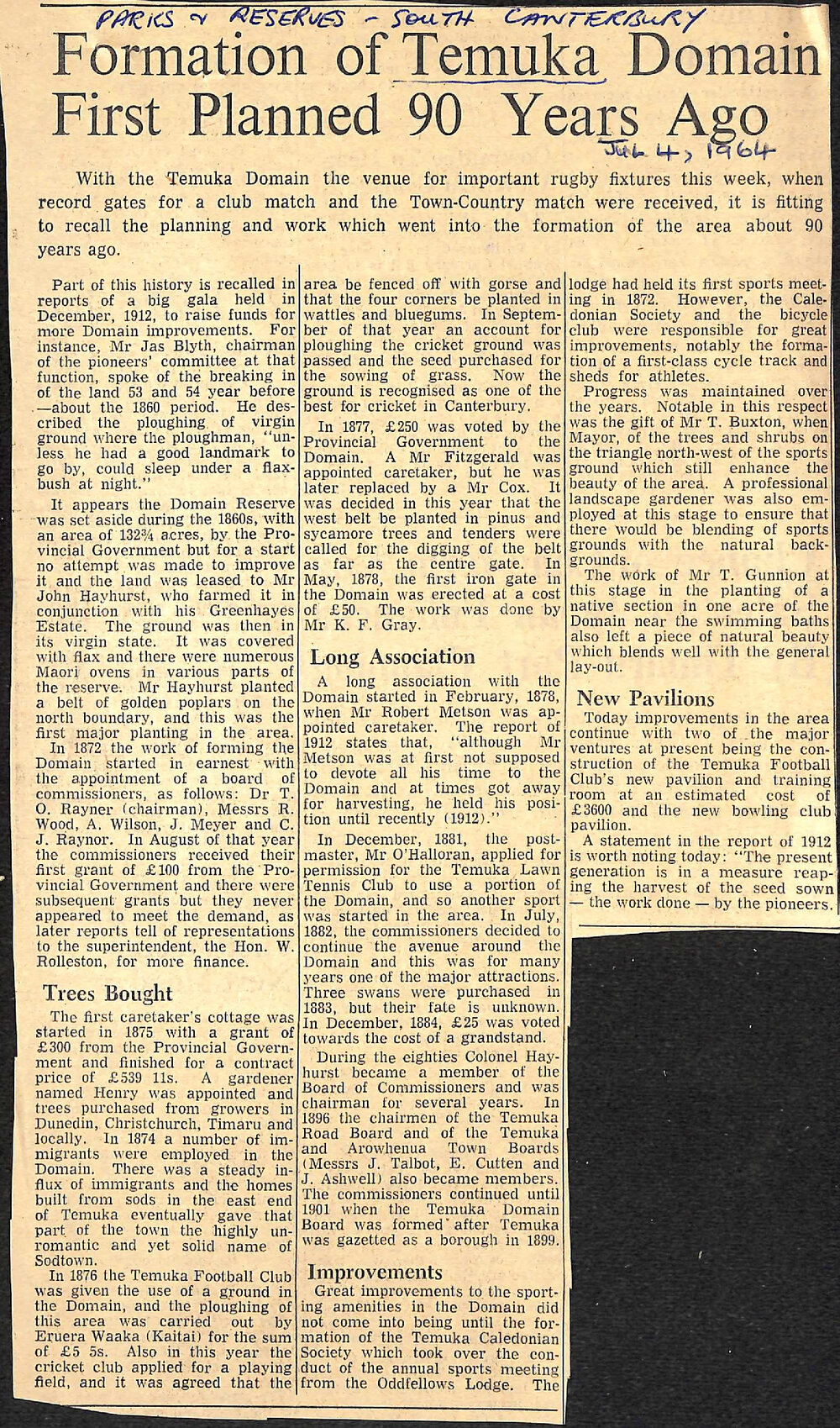 Formation of Temuka Domain First Planned 90 Years Ago