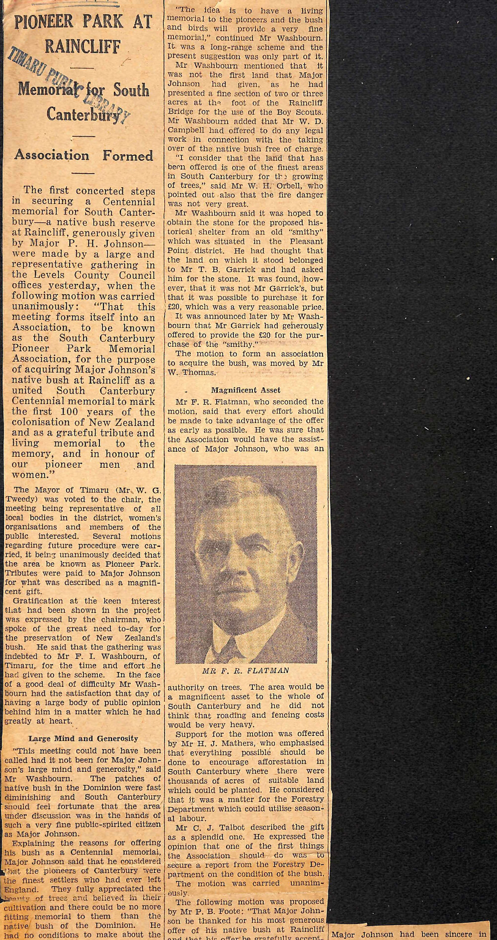 Pioneer Park at Raincliff: Memorial for South Canterbury, Association Formed